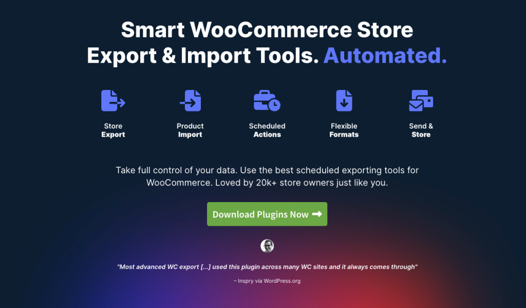 Promotional banner for VisserLabs, highlighting features like store export, product import, scheduled actions, flexible formats, and send & store options.
